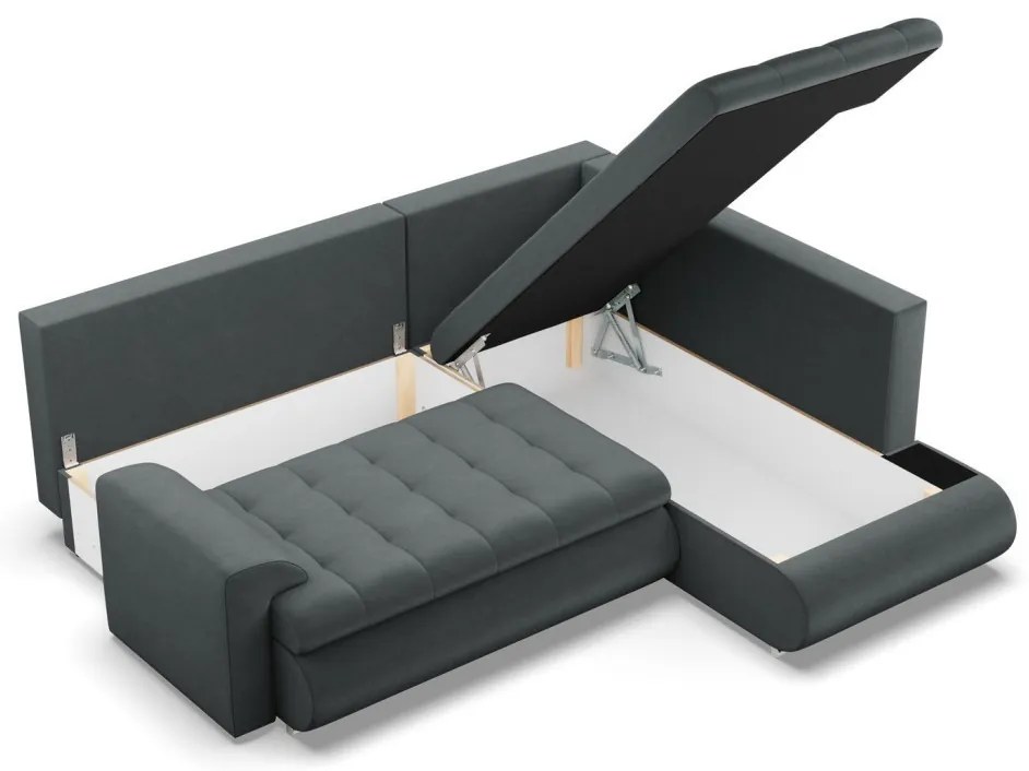 Tokio sarokkanapé, L alakú háttámlával, 2 ágyneműtartóval, bársony, jobboldali, szürke