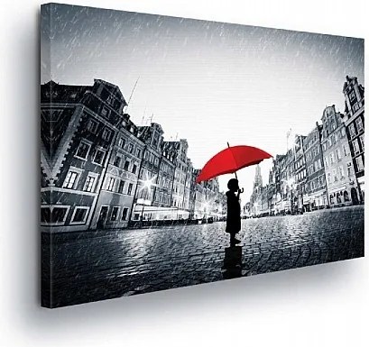 Vászonkép 100x75 Város eső esernyő piros monokróm magány kontraszt