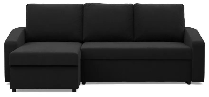 Zeus sarokkanapé, 1 ágyneműtartóval, döntött kartámasz, szövet anyag, univerzális oldal, bonell töltet, fekete