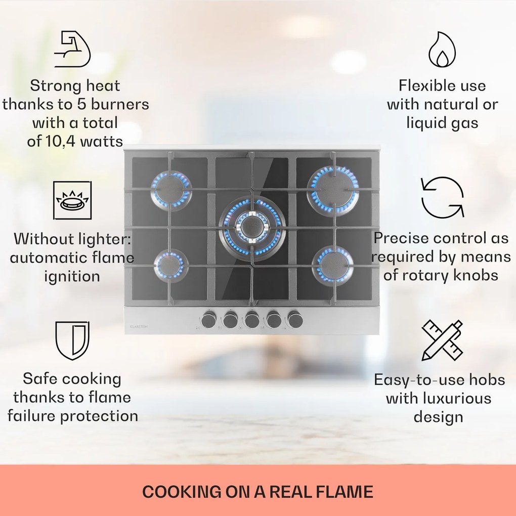 Klarstein Alchemist, gázfőzőlap, 5 alumínium égő, üvegkerámia, fekete