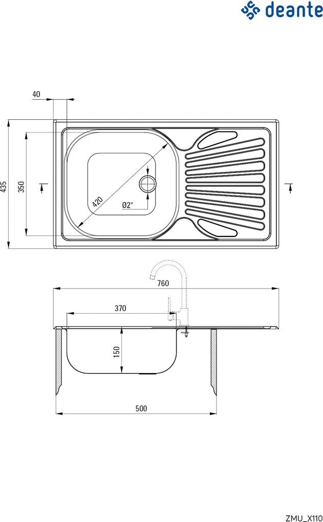Deante Techno, rozsdamentes mosogató 1 kamrás munkalaphoz Z / O 760x435x150 2 "+ szifon, szatén mintás, ZMU_0110