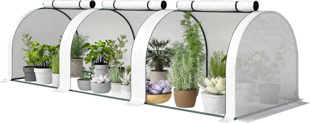 Outsunny mini kertészeti alagútszerű üvegház paradicsomhoz 3 x 1 x 0,8 m, porfestett acélváz, 140 g/m² UV-álló PE, 3 feltekerhető cipzáras ajtó (fehér