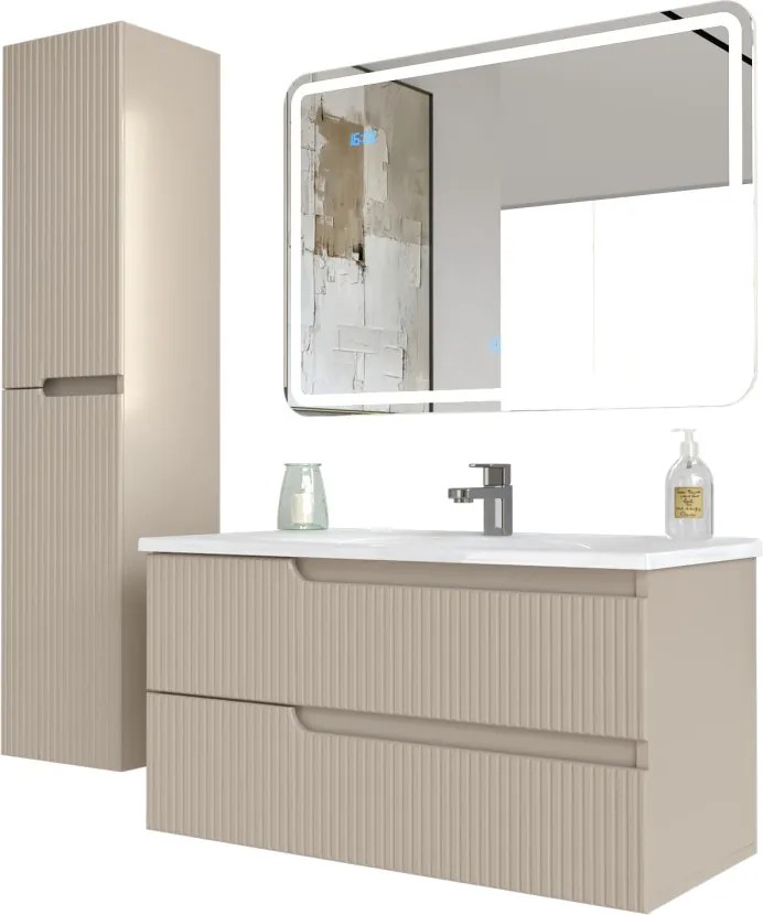 Piramida EURIDIKA fali fürdőszobabútor - műmárvány mosdóval -2 fiókos - PINO BÉZS - 100 x 48 x 53 cm