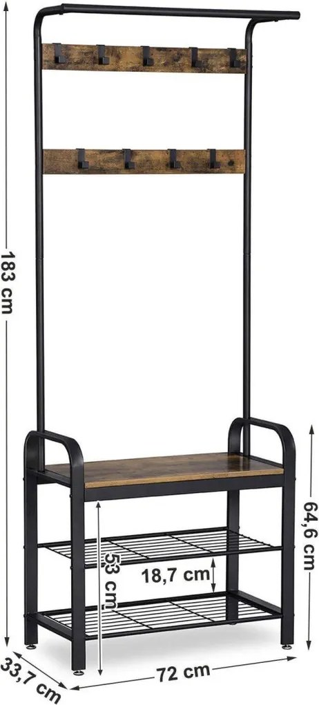 Előszoba fogas polccal, akasztókkal, cipőtartóval és ülőkével, rusztikus barna 183x72x33cm