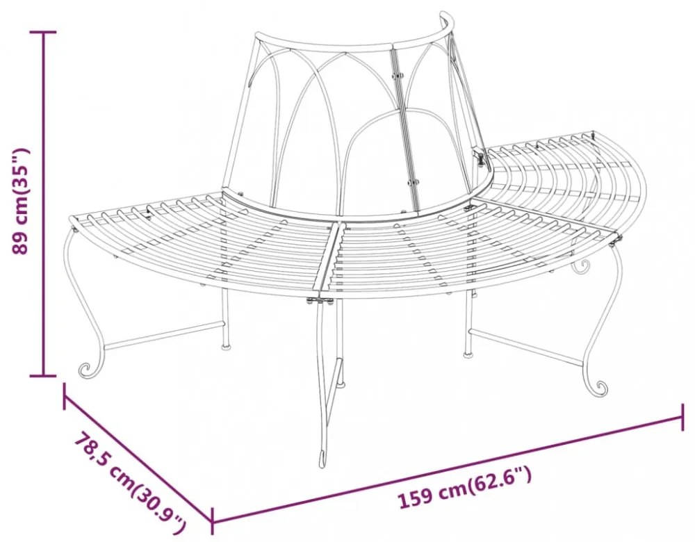 2 db fekete acél félkör alakú fa körüli pad Ø159 cm