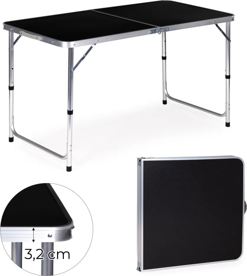 Kerti asztal, MultiGarden GMFC-FY12060, fekete, 120 x 60 cm, összecsukható, állítható magasság (60–70 cm), hordfogantyúval, teherbírás: 50 kg