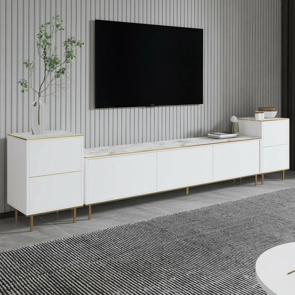 TV-szekrény szekrényekkel Imej White Marble andGold