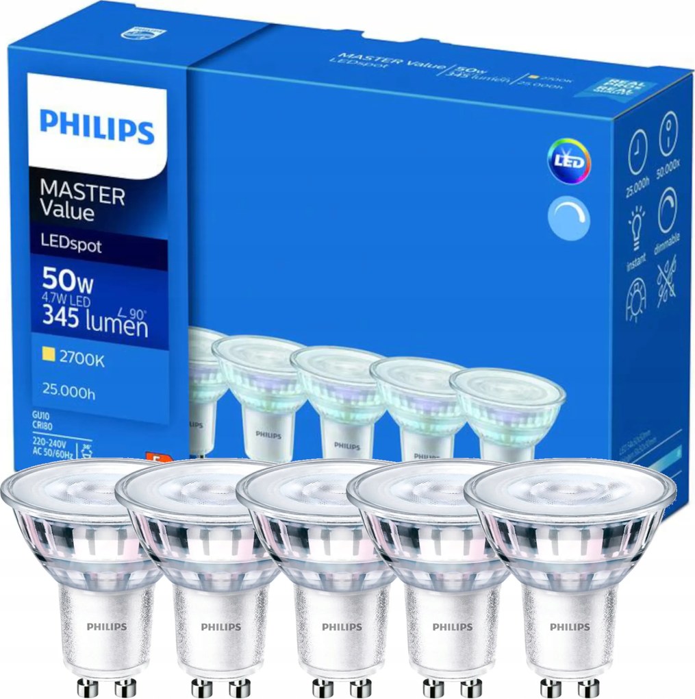 5x Led izzó GU10 Philips 4.7W 50W 345lm 2700K Meleg Master Value