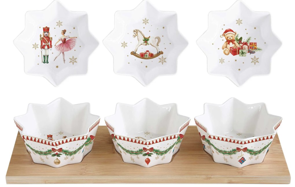 Karácsonyi porcelán 3 db tálka bambusz tálcán szett díszdobozban Magie de Noel