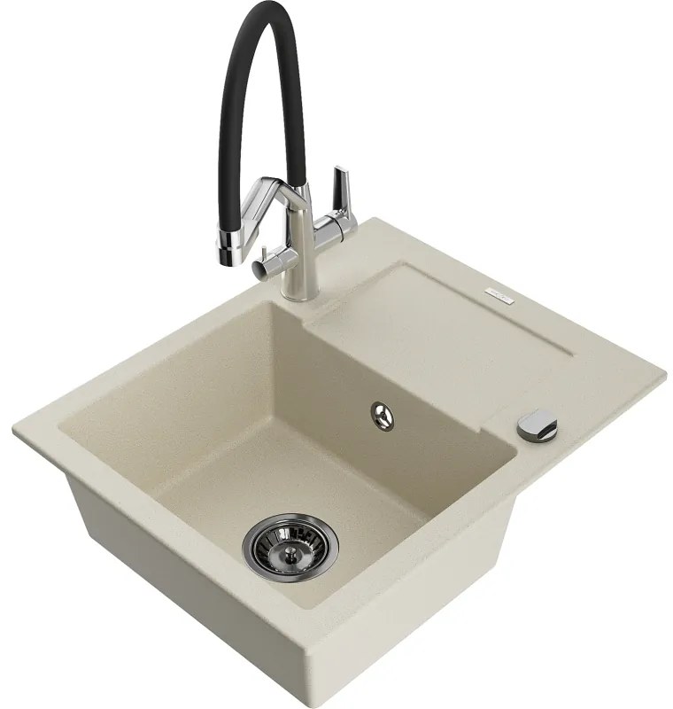 Mexen Enzo egymedencés gránit mosogató csepegtetővel és Duo konyhai csappal, bézs - 6506-69-671701-07-B