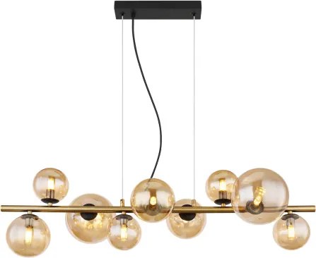 Globo 56135-9H Függeszték fém fekete matt, fém sárgaréz matt, üveg borostyán, HxSzxM: 866x360x1200mm, üveg méret 4X ø: 10 cm, 3x ø: 12 cm, 2 x ø: 15 cm, tartozék 9x G9 LED 3,5W 230V, forrás 80lm kimenet, 3000K, 10676 LED izzóval