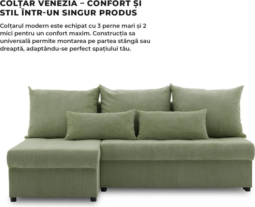 Venezia sarokkanapé, kordbársony, univerzális oldal, hab töltet, zöld