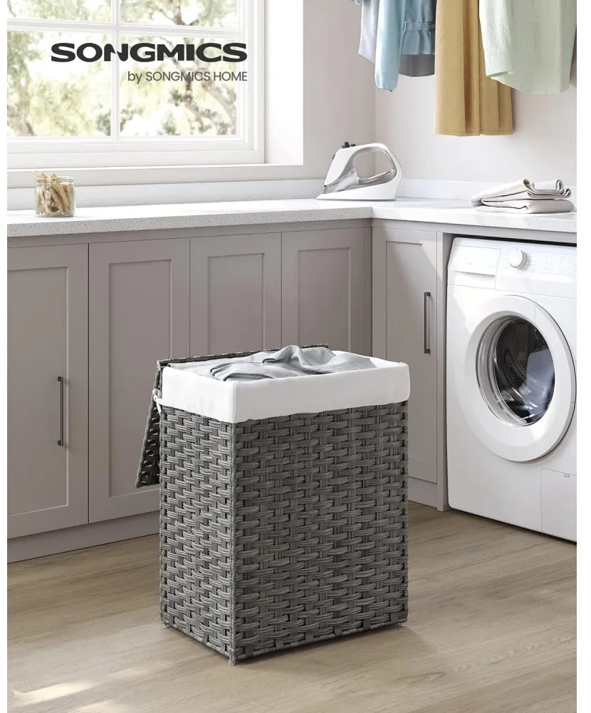 Kézzel fonott rattan szennyeskosár, összecsukható, kivehető zsákkal 90L, szürke
