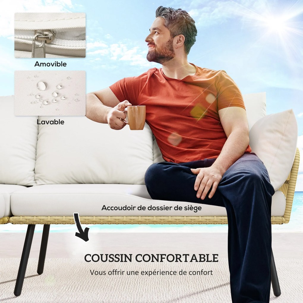 Outsunny Sarok Kerti Bútor Szett 5 Fős Rattan Hatású Keresztcsomózott Párnával és Téglalap Asztallal - Boho Stílus | Aosom