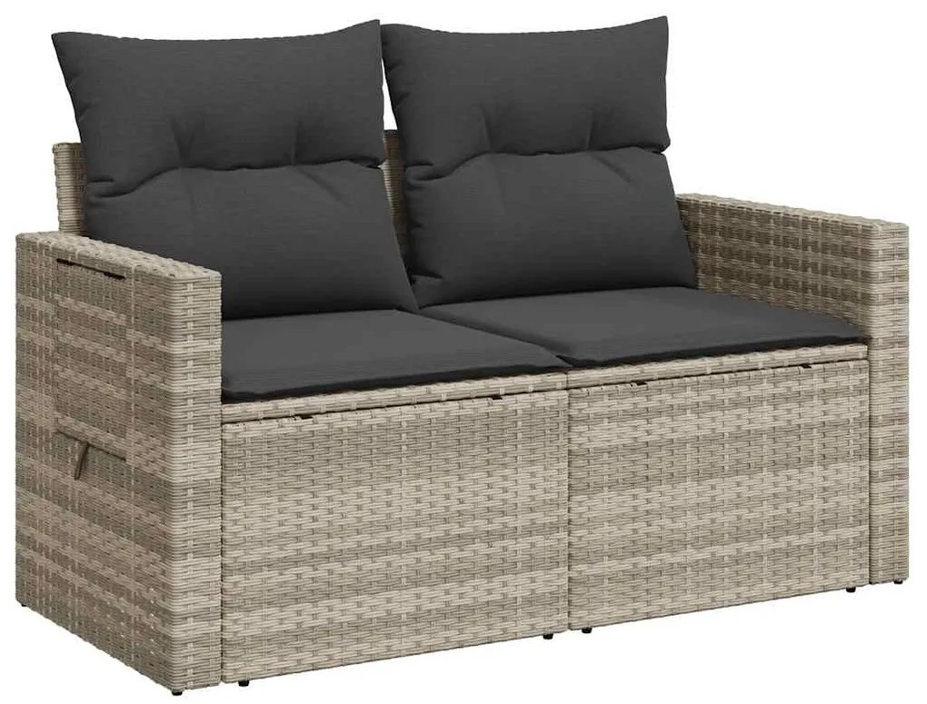 2 személyes világosszürke polyrattan kerti kanapé párnával