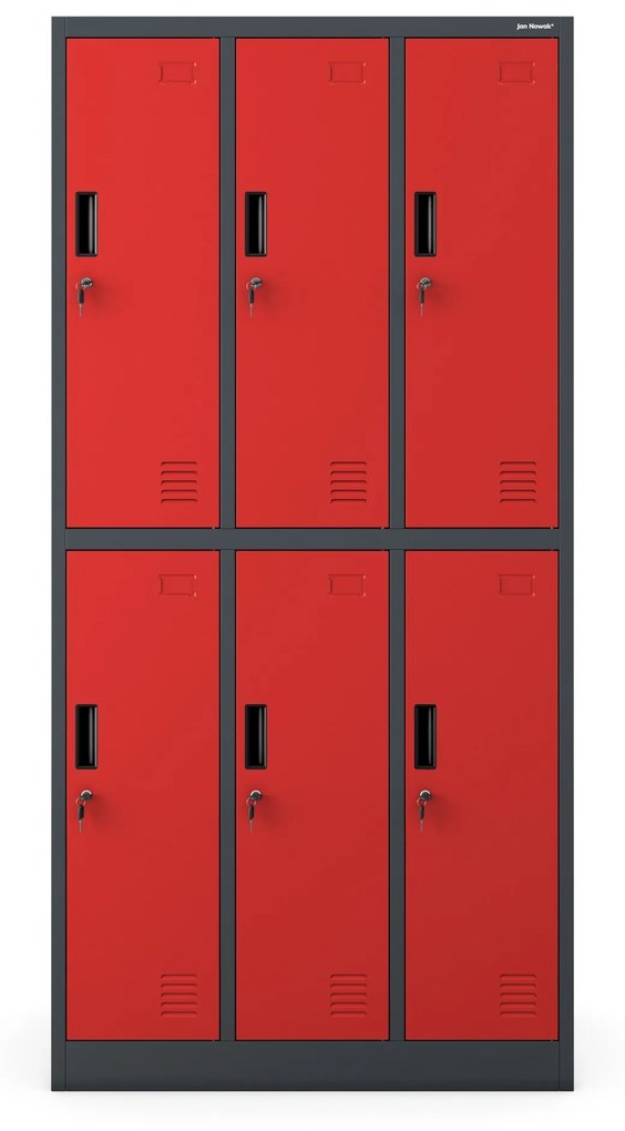 Fém öltözőszekrény 6 rekeszes IGOR, 900 x 1850 x 450 mm, antracit-piros