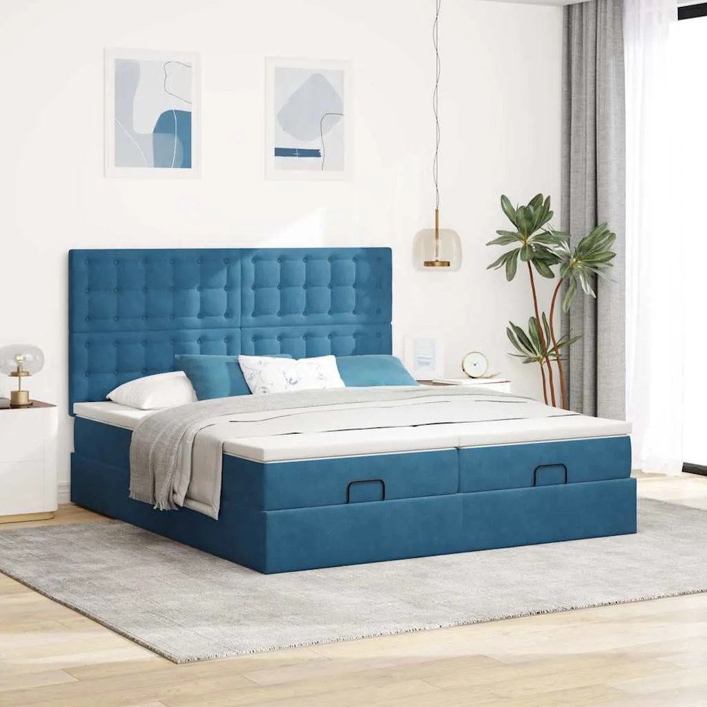 Ottomán ágykeret matracokkal Sötétkék 200x200cm bársony