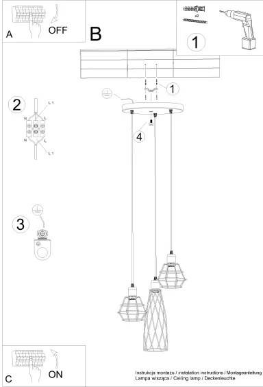 Sollux SL.1166 - Csillár zsinóron SUBA 3xE27/15W/230V fekete
