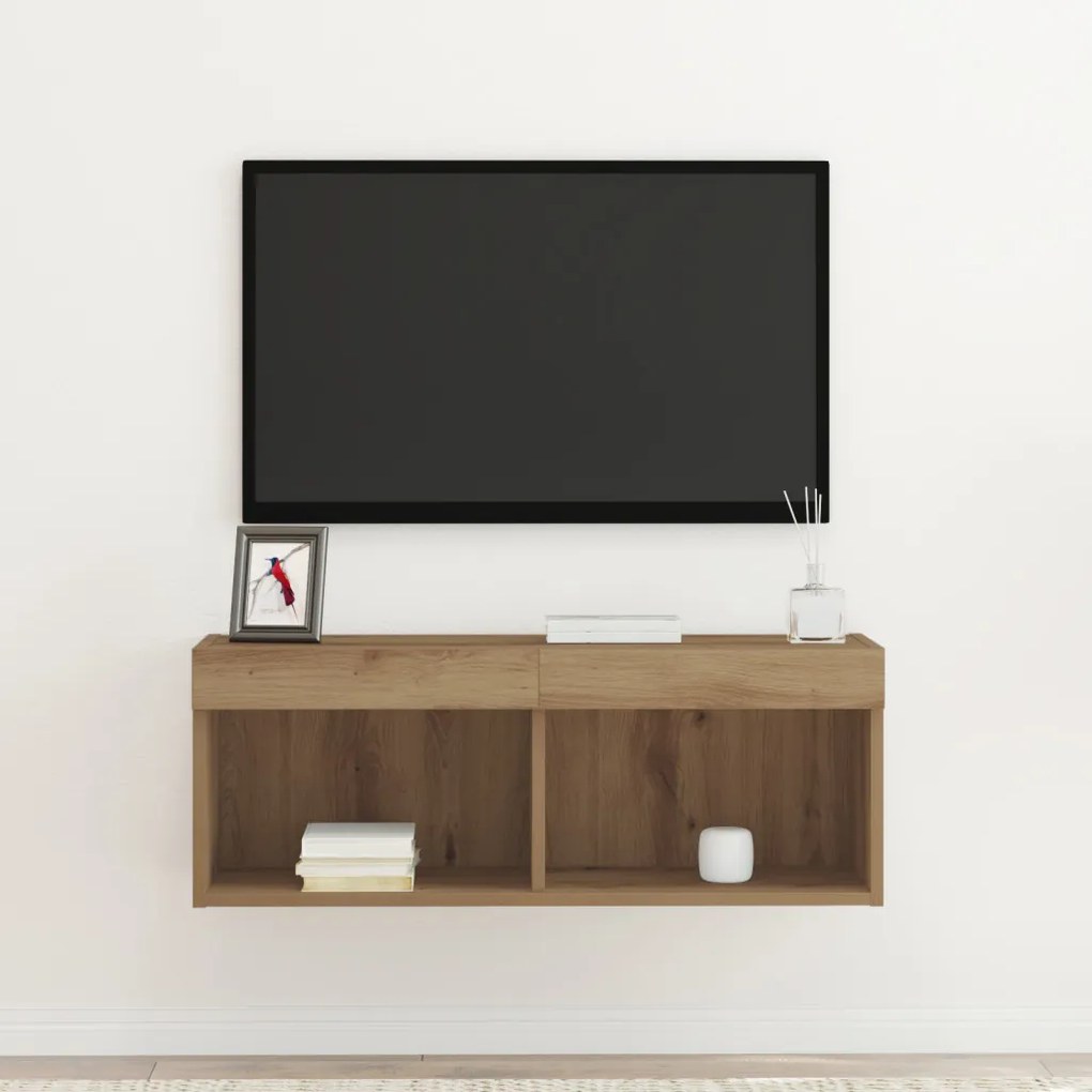 TV Fali Szekrény LED Fényekkel Műgyanta Tölgy 80x30x30 cm