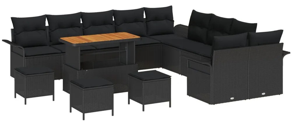 13 Darabos Kert Kanapészett Párnákkal Fekete Poli Rattan Akácia, 2-Fős Kert Kanapé Párnákkal Fekete Poli Rattan, 3 Darabos Kert Étkező Szett Párnákkal Fekete Poli Rattan Akácia