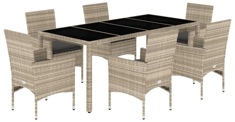 vidaXL 7 részes szürke polyrattan/üveg kerti étkezőgarnitúra párnákkal