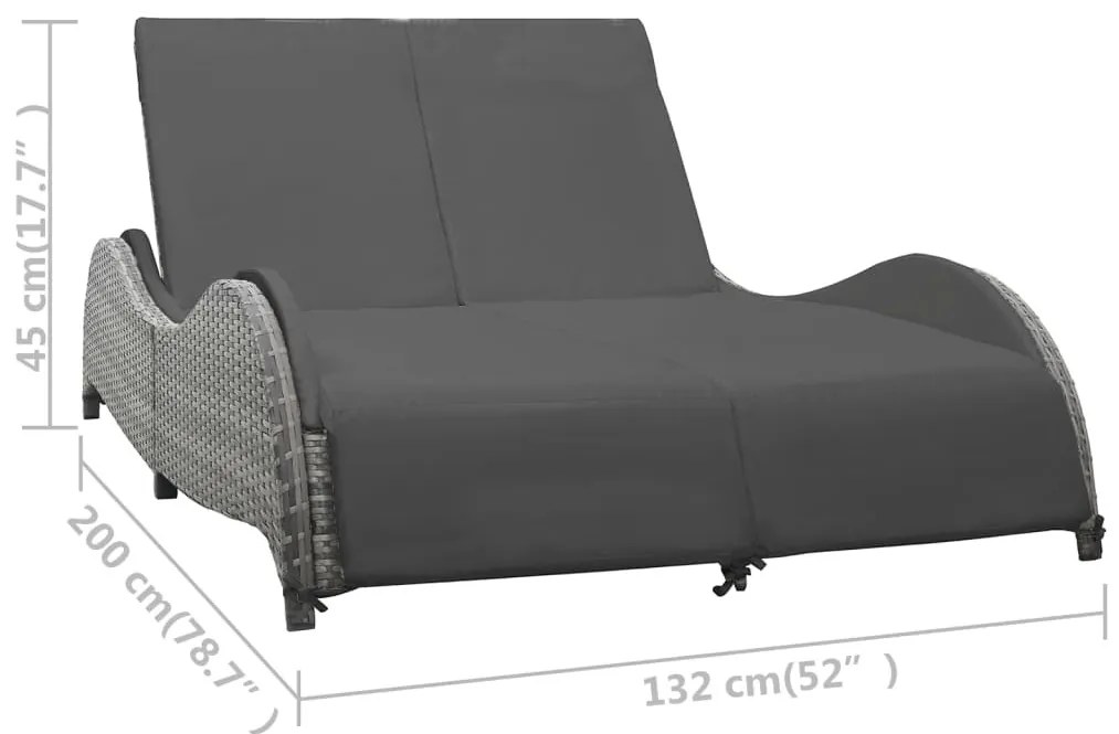 Kétszemélyes antracitszürke polyrattan napozóágy párnával