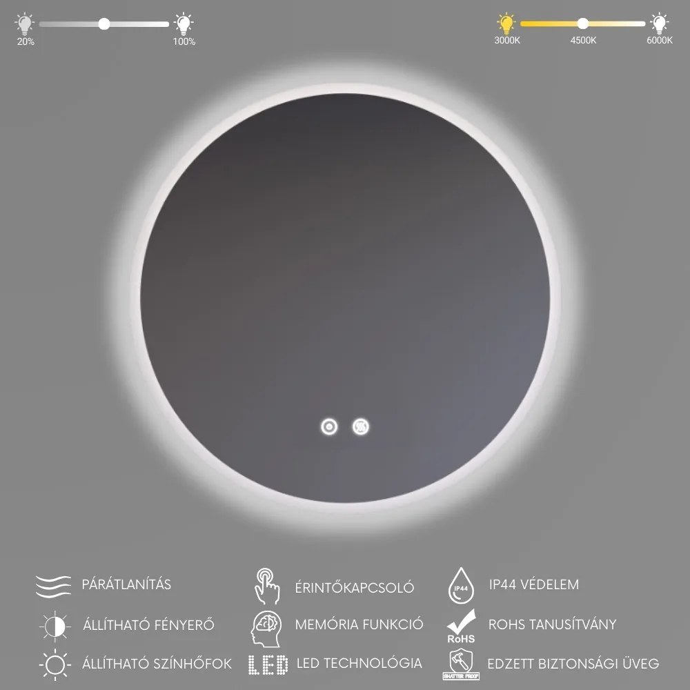 Kerek Led tükör Ø60cm Welland Alpha | Páramentesítő - Fényerő + színhőfok állítás