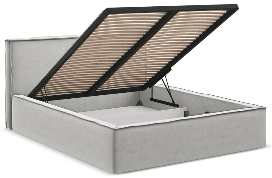 Világosszürke kárpitozott ágyneműtartós franciaágy ágyráccsal 140x200 cm Anani – Makamii