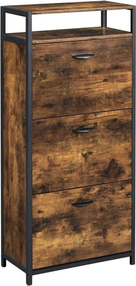 Cipős szekrény 3 ajtós 15-18 pár cipő tárolására, rusztikus barna 60x30x130cm