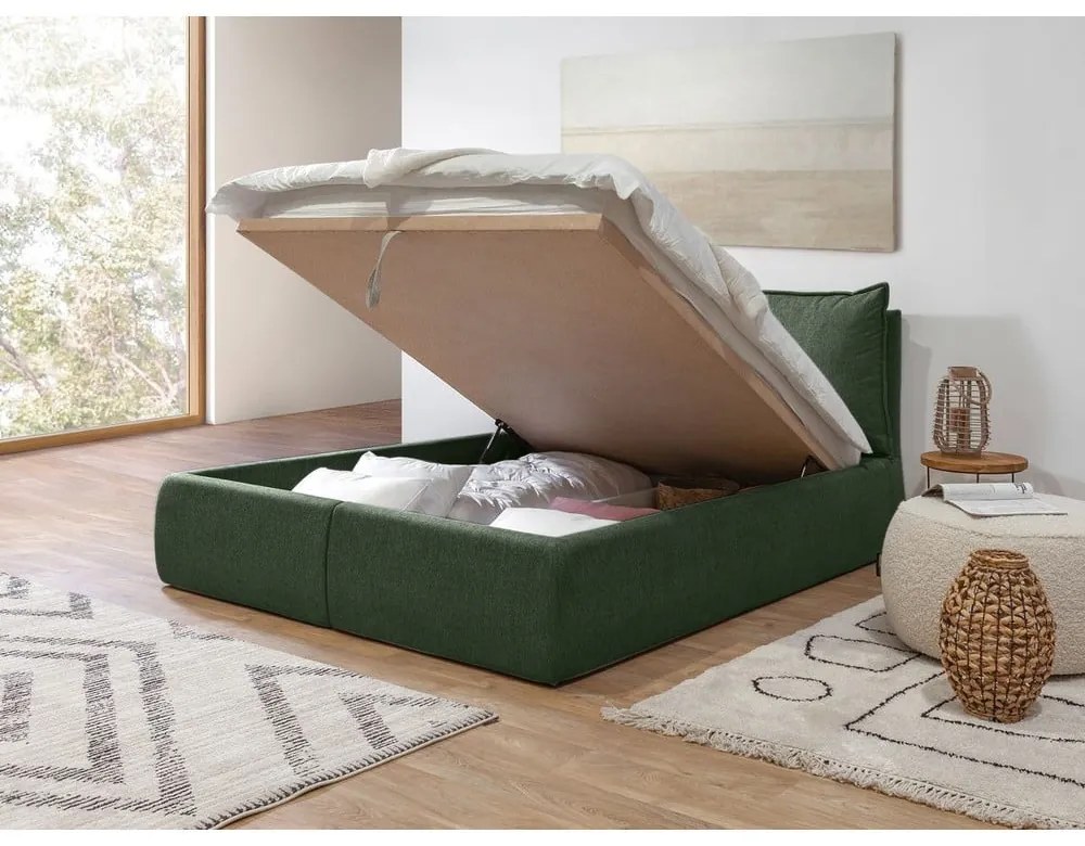 Sötétzöld kárpitozott ágyneműtartós franciaágy ágyráccsal 160x200 cm Garance – Bobochic Paris