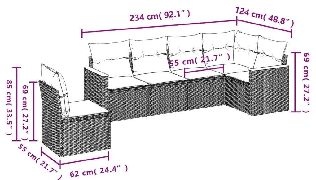 6 részes fekete polyrattan kerti ülőgarnitúra párnákkal