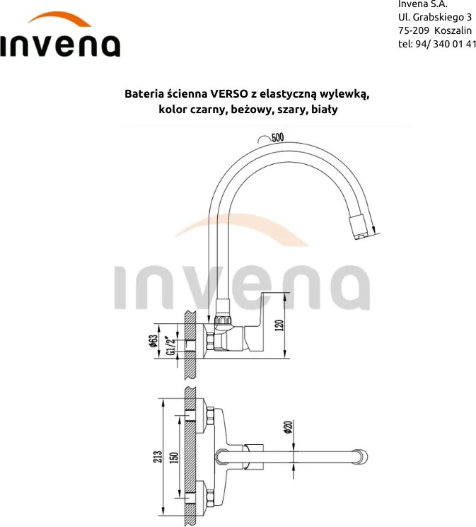 Invena Verso, falra szerelhető konyhai csaptelep 150mm elasztikus karral, fekete matt, INV-BC-82-E44-L