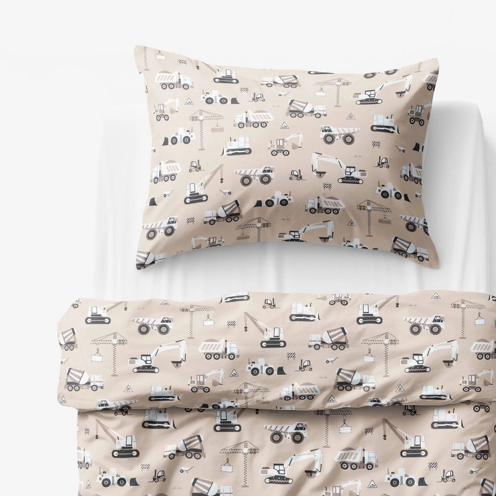 Goldea gyerek pamut ágyneműhuzat - teherautók és markolók bézs alapon 140 x 200 és 70 x 90 cm