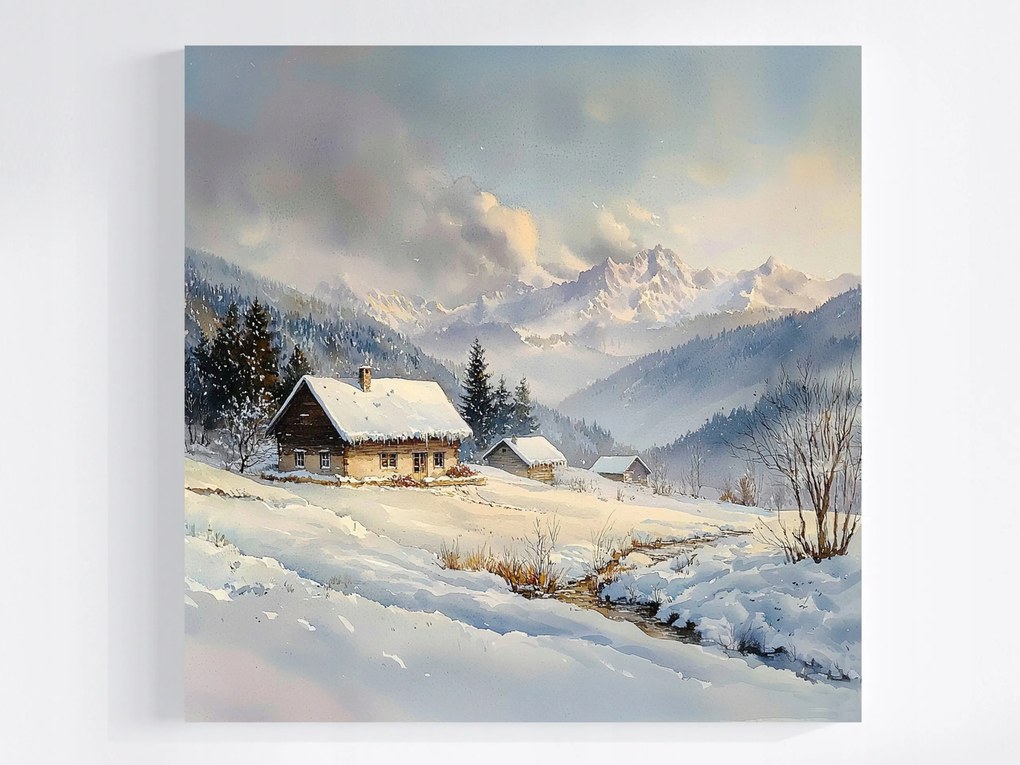 Vászonkép Canvas Tájkép Hegyek Csúcsok Házak Tél Hó Köd 40x40