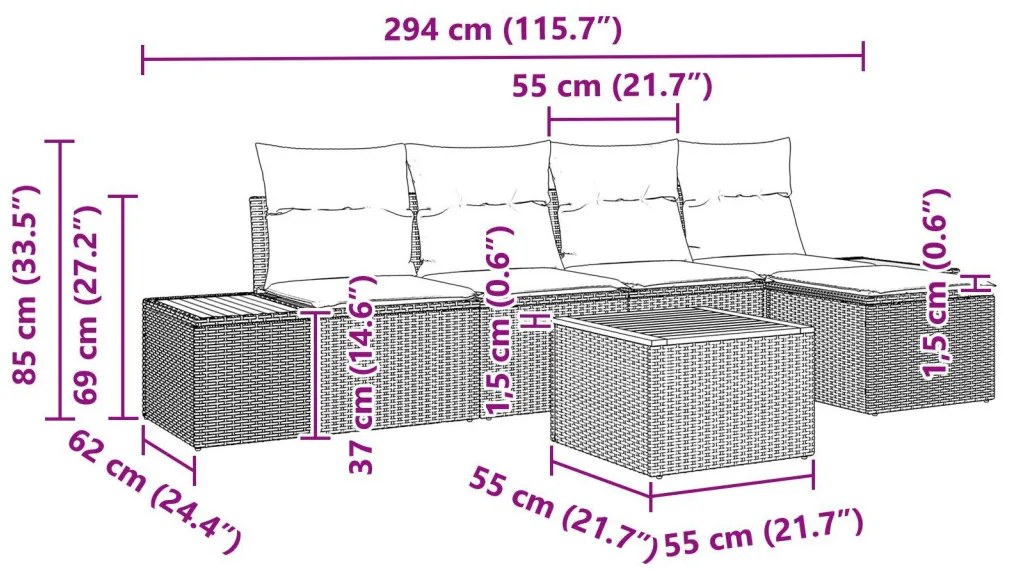 6 darabos kert kanapé szett párnákkal fekete poli rattan akáccal