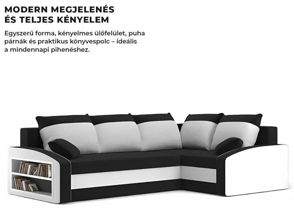 Grande sarokkanapé polcokkal , polc a bal karfaban, jobboldali, szövet anyag, bonell töltet, fekete - fehér
