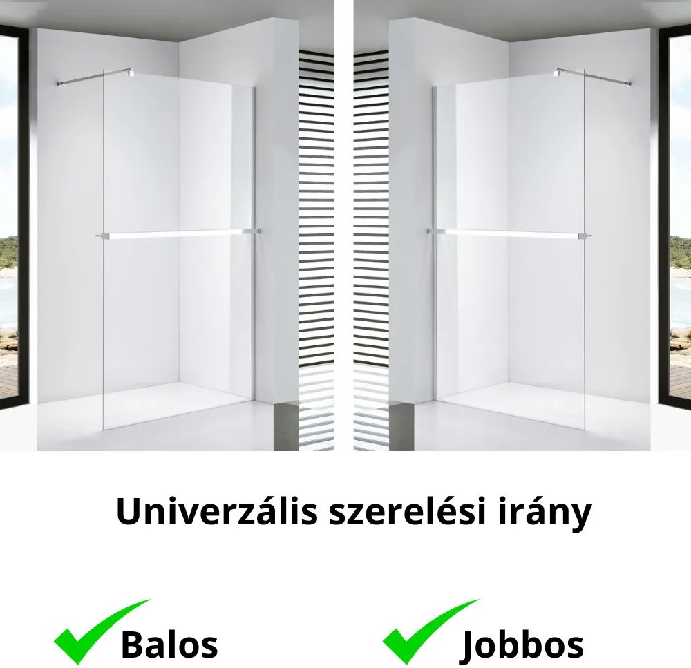 Stuxi Milano Plus Walk-in zuhanyfal, 110x200 cm, 8 mm vastag vízlepergető biztonsági üveggel, króm profillal, távtartóval, polccal és törölközőtartóval
