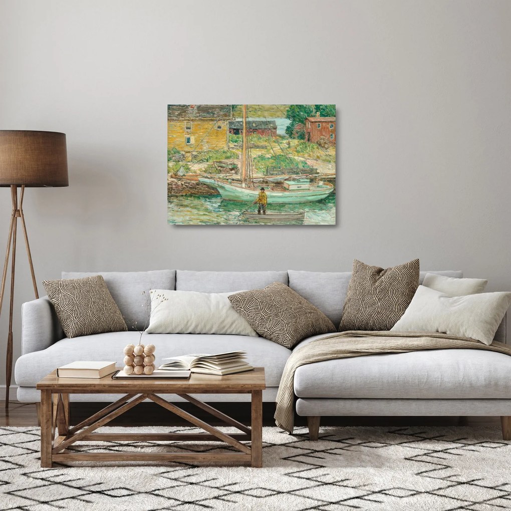 Üveg kép - Childe Hassam, Oyster Sloop, Cos Cob, reprodukciók (70x50 cm)