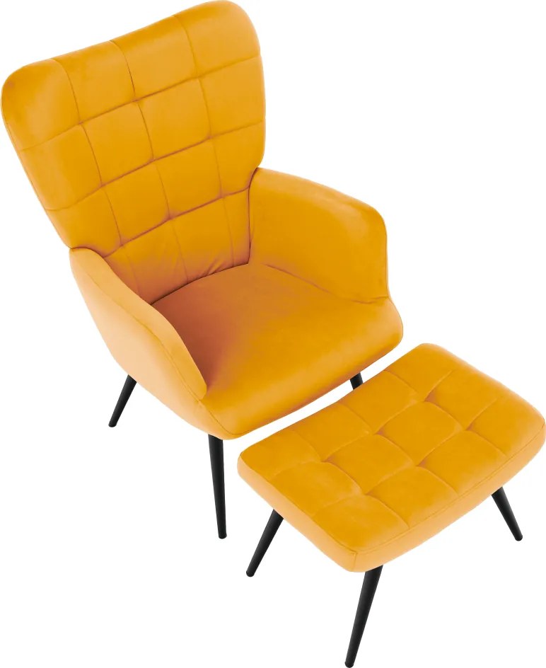 Fotel lábtartóval, sárga Velvet szövet/fekete, HABEN