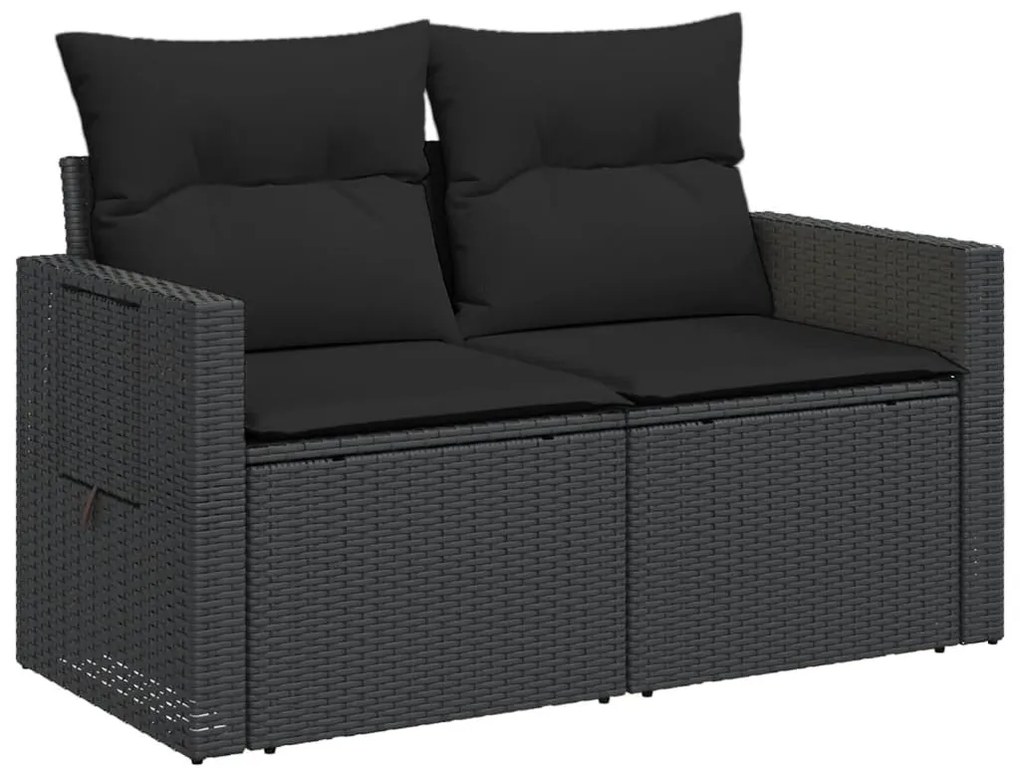 2 személyes fekete polyrattan kerti kanapé párnával