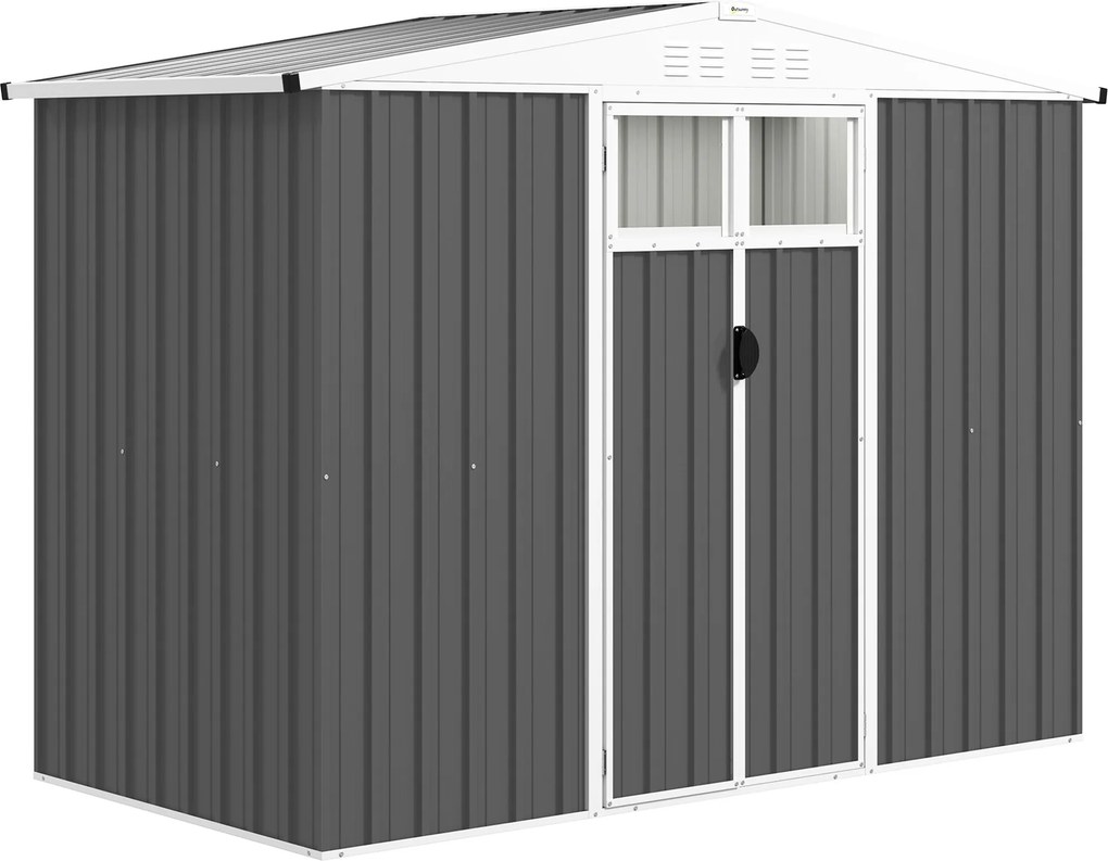 Outsunny Fém Kerti Tároló 2,7 m² 246 x 117 x 180 cm Ablakkal, 4 Szellőzővel és Zárható Ajtóval, Kültéri Acél Kerti Sátor, Szürke | Aosom