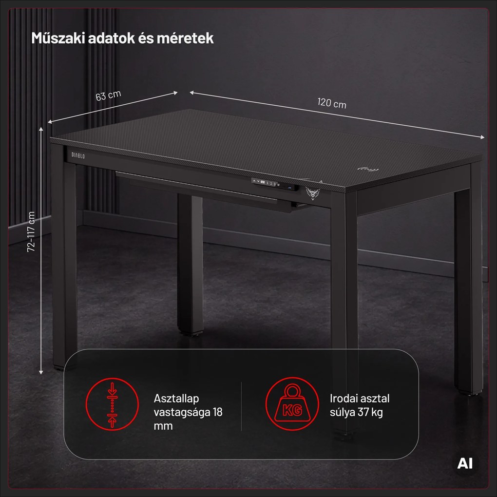 Gamer íróasztal elektromosan állítható, beépített vezeték nélküli QI töltő és USB: Diablo X-RIFT fekete