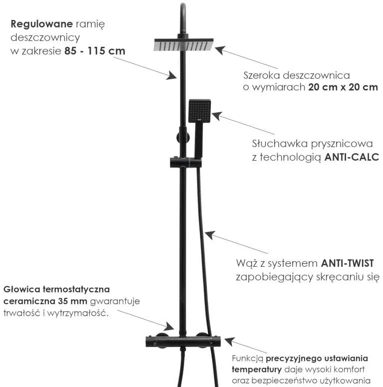 Erga Flova, zuhanygarnitúra termosztatikus csapteleppel és esőfejjel 20x20cm, fekete matt, ERG-YKA-BP.FLOVA THERM 20 BLK