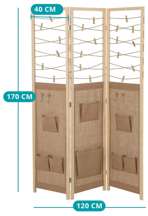 3 paneles paraván 8 tárolórekesszel és 4 akasztóval, natúr
