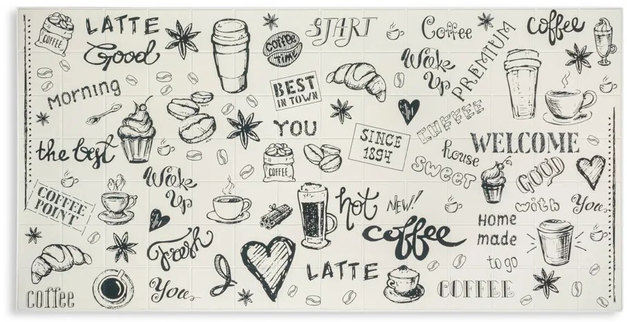 3D PVC falpanel Fekete-fehér rajzos kávé mintás, fényes felülettel.