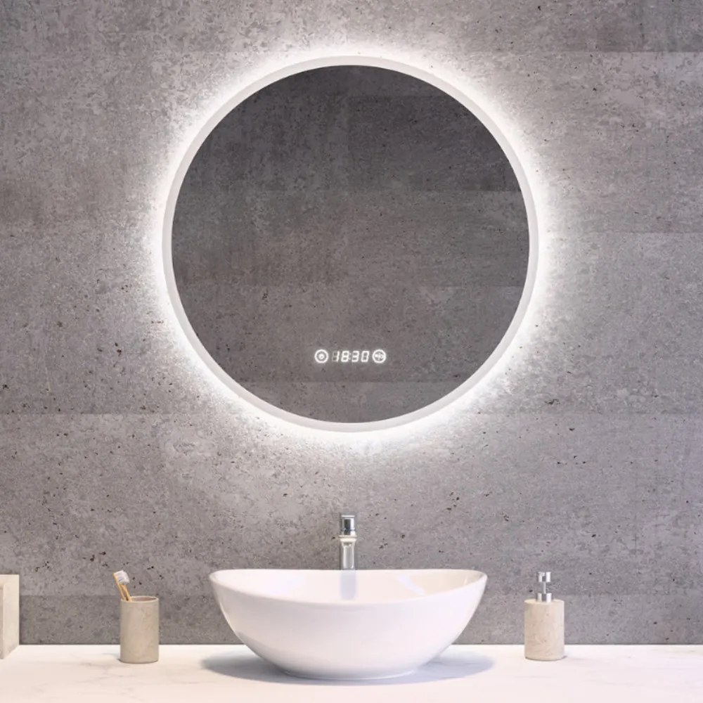 Kerek Led tükör Ø60cm Welland Alpha | Páramentesítő - Óra - Fényerő + színhőfok állítás