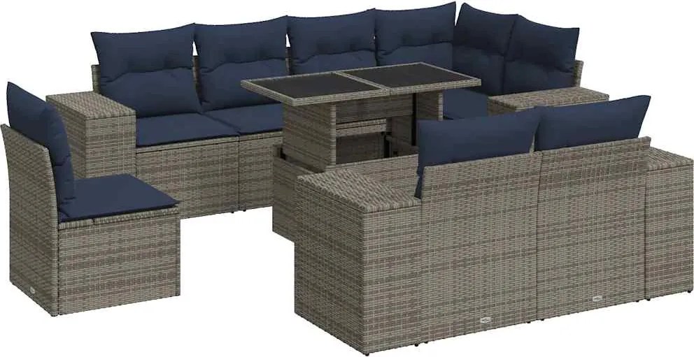 vidaXL 9 részes szürke polyrattan akácfa kerti ülőgarnitúra párnákkal