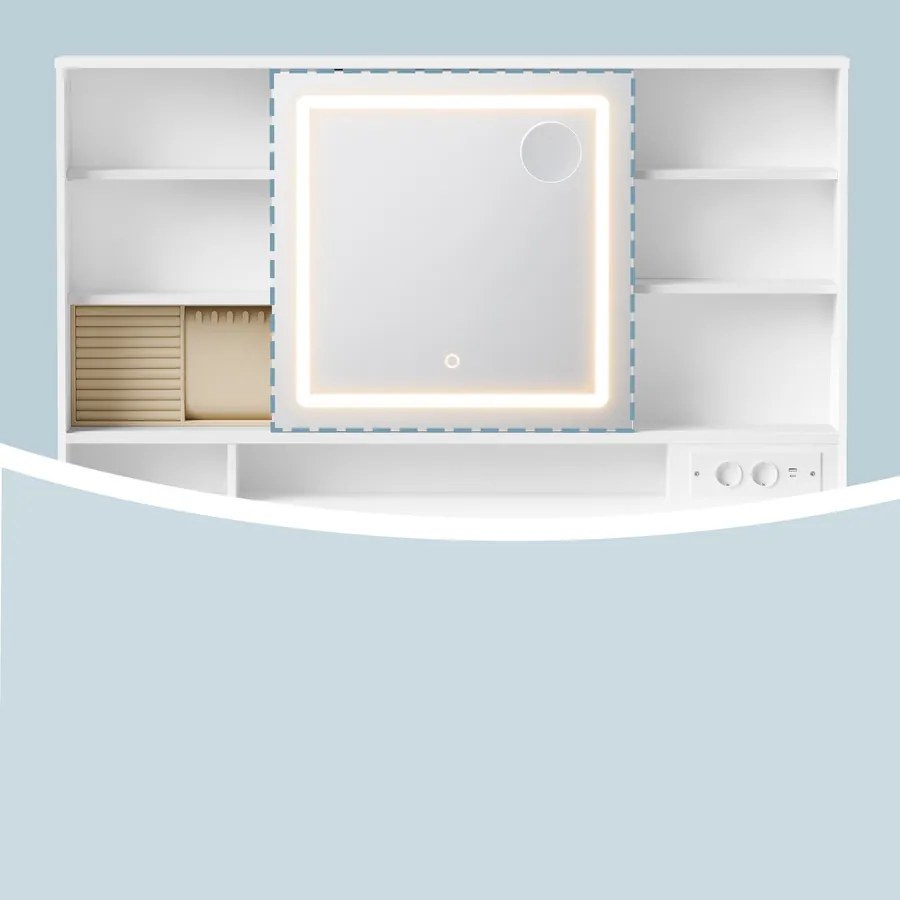 Fésülködő asztal, sminkasztal LED tükörrel és 9 fiókkal, szerszámmentes összeszerelés, Fehér