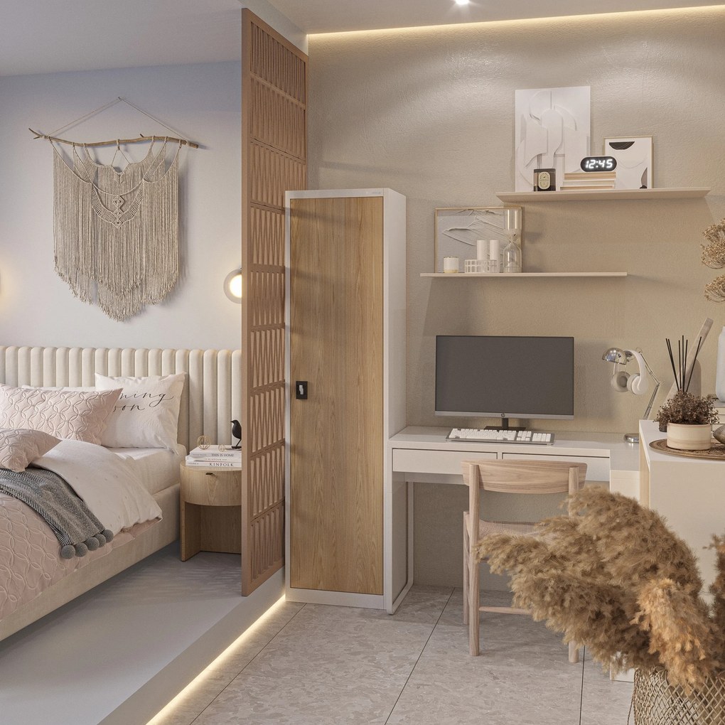 Fém irodai iratszekrény, fehér/sonoma tölgy, 450x1850x400 mm: ALEX Eco Design