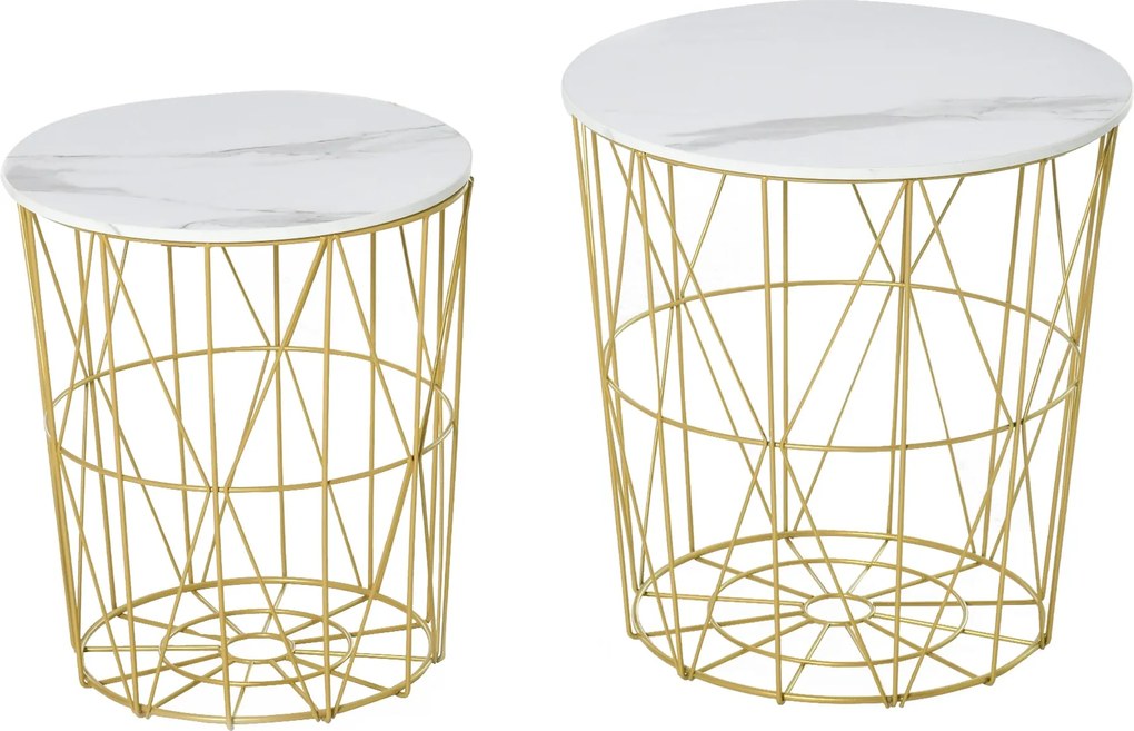 HOMCOM 2 db-os Modern, Összecsukható Nappali Kávézóasztal Eltávolítható Polccal, Tárolós Kávézóasztal Nappaliba és Hálószobába, Fehér Arany | Aosom